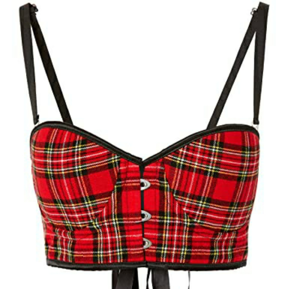 S Lavish Red & Black Plaid Lace Up Underwire Bustier Bra Crop Top Busk closure